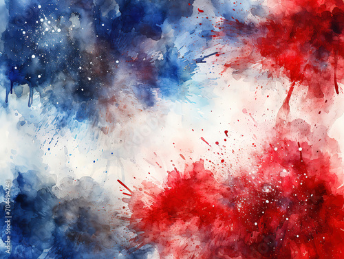 July 4th background, red white and blue colors with soft faded watercolor border texture design
