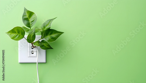 Green outlet or wall socket and power cord with fresh leaves top view. Renewable and saving energy, eco and natural resources concept photo