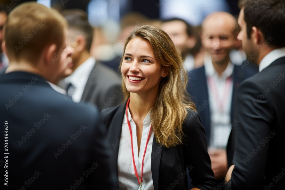 Businesswoman in front of a group of business people at a conference Businesswoman in front of a group of business people at a conference