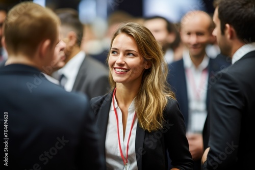 Businesswoman in front of a group of business people at a conference