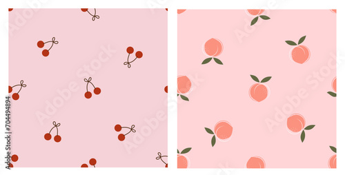 Fruit seamless pattern with red cherry and peach fruit on pink backgrounds vector illustration.