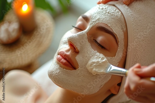 a beautiful young woman getting a facial mask treatment at the beauty salon photo