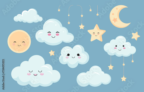 Baby shower object for boy with balloon, cloud,sky, blue,star