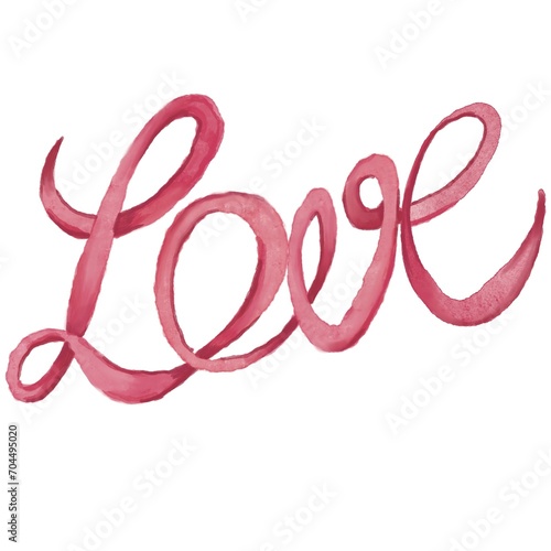 the inscription love in red in watercolor technique on a white background