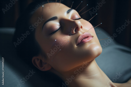 Close up portrait of young woman in spa center undergoing acupuncture procedure with needles on peaceful face. Concept of alternative medicine therapy 