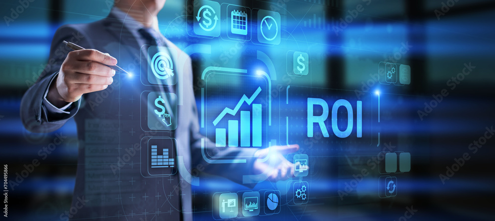 ROI return on investment stok trading business finance concept on virtual screen. - obrazy, fototapety, plakaty 