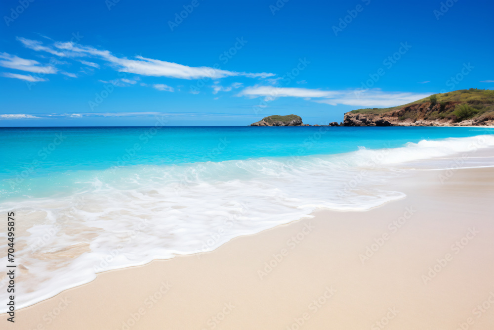 White sandy beach with natural light of blue ocean lagoon