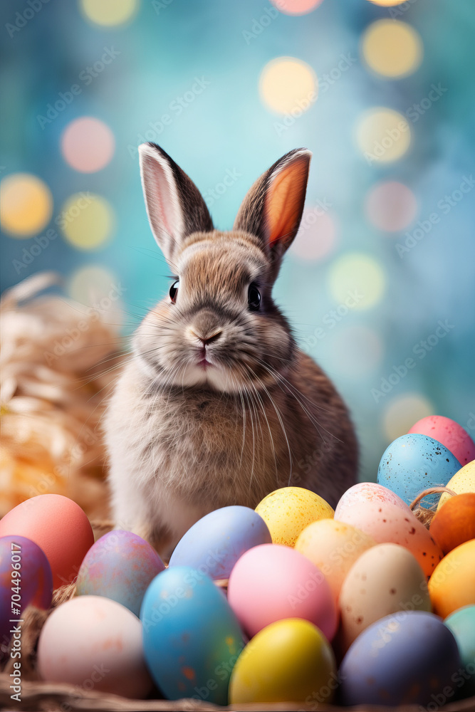 Cute hare rabbit sits near a basket with colorful eggs on the eve of Easter celebrations against blurred bright background Cute hare rabbit sits near a basket with colorful eggs on the eve of Easter celebrations against blurred bright background