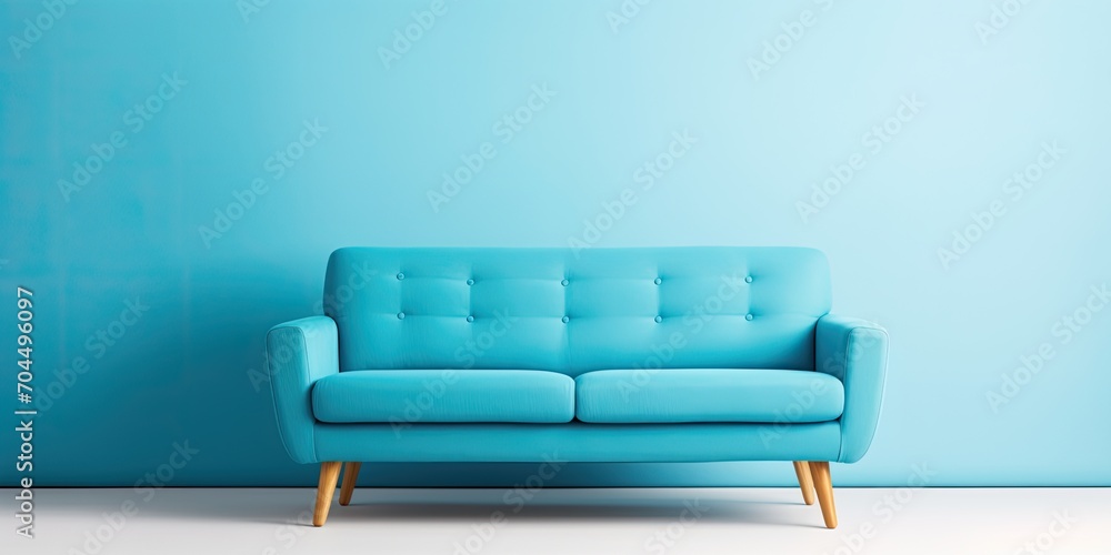 Fototapeta premium Blue sofa on wooden legs, isolated on white background.