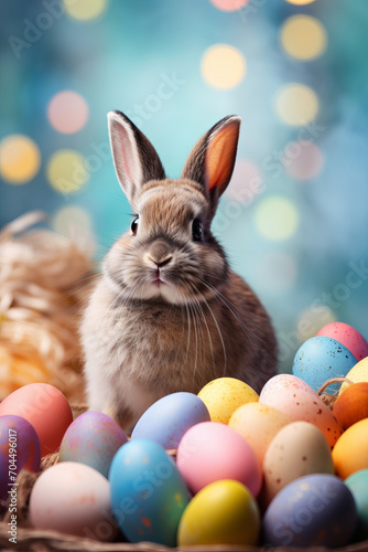 Cute hare rabbit sits near a basket with colorful eggs on the eve of Easter celebrations against blurred bright background © Sunny