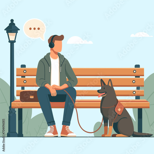 A flat illustration of a man sitting in a park with a dog sitting on a bench next to him. The concept of emotional support animals
