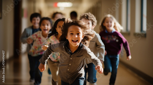 Group of happy kids running down a school hallway with full of joy and happiness because of their vacation start