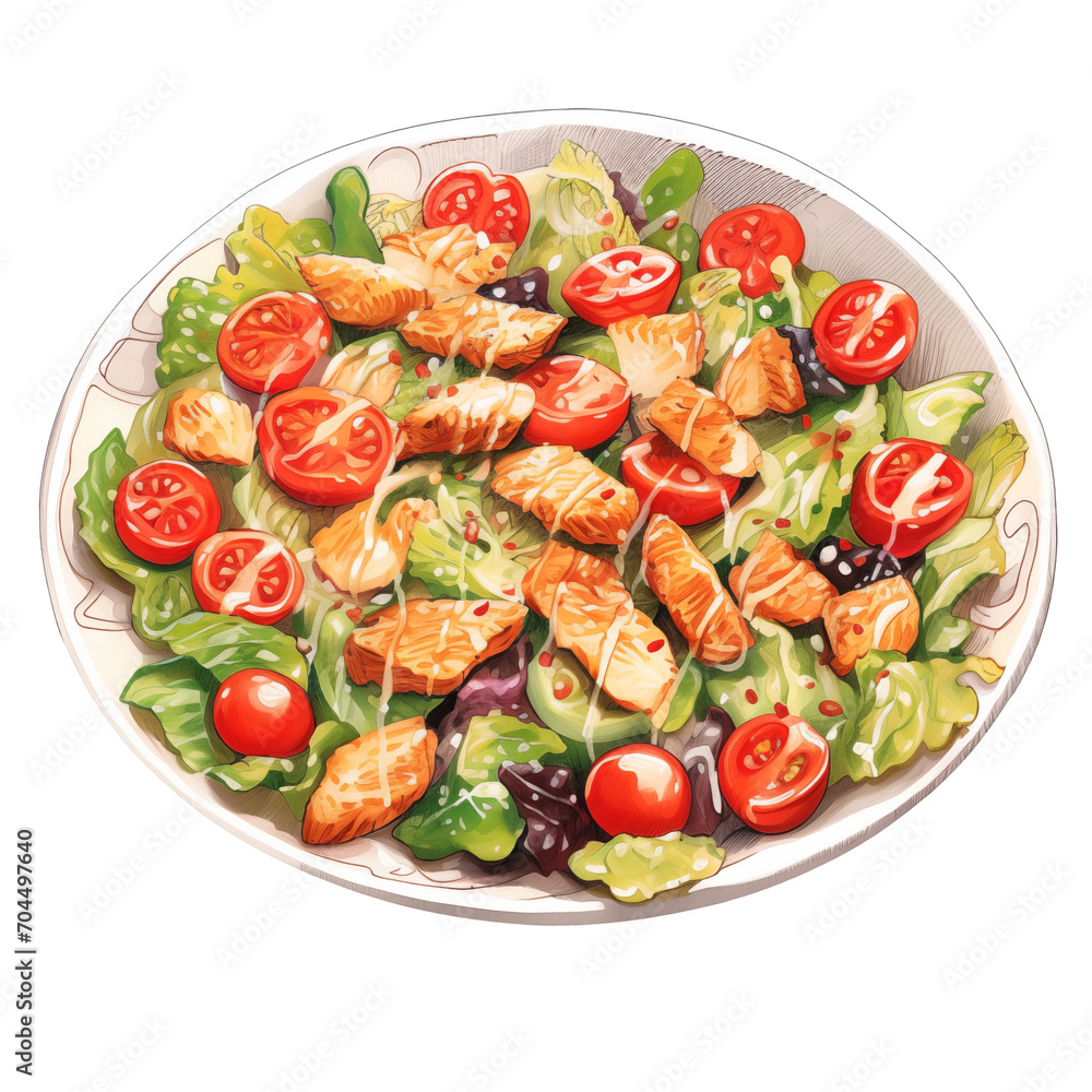 Caesar salad with parmesan, cherry tomatoes and chicken watercolor illustration png isolated on a transparent background, food clipart 