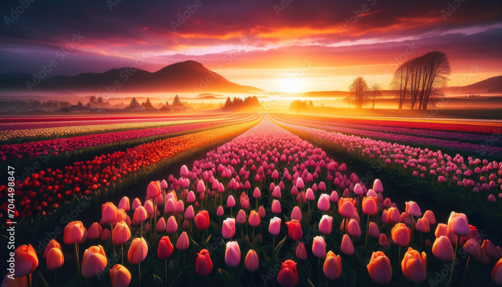 Vibrant tulip field at sunset