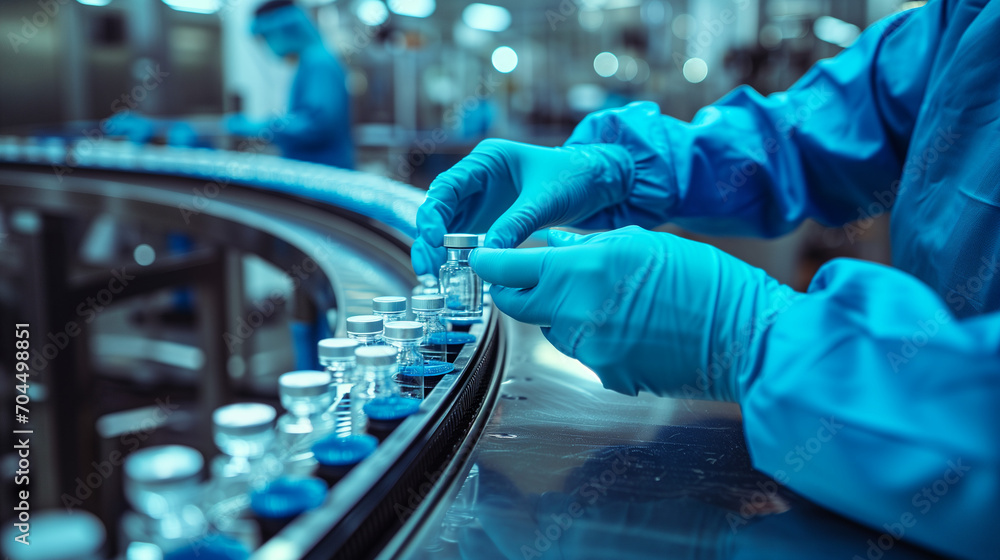 Pharmacist scientist with sanitary gloves examining medical vials on production line conveyor belt in pharmaceutical healthcare factory manufacturing prescription drugs medication mass production - obrazy, fototapety, plakaty 