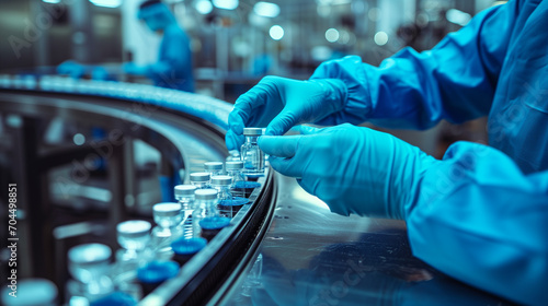 Pharmacist scientist with sanitary gloves examining medical vials on production line conveyor belt in pharmaceutical healthcare factory manufacturing prescription drugs medication mass production photo