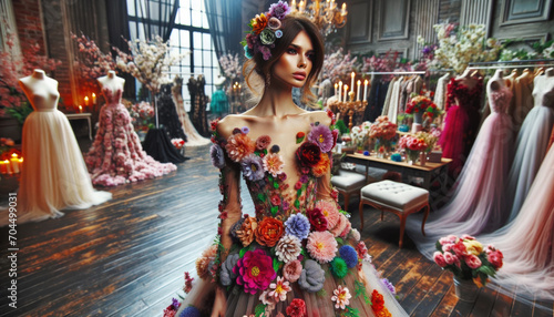 High fashion model in a dress made of spring flowers.