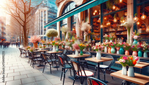 Café terrace adorned with vases of spring flowers.