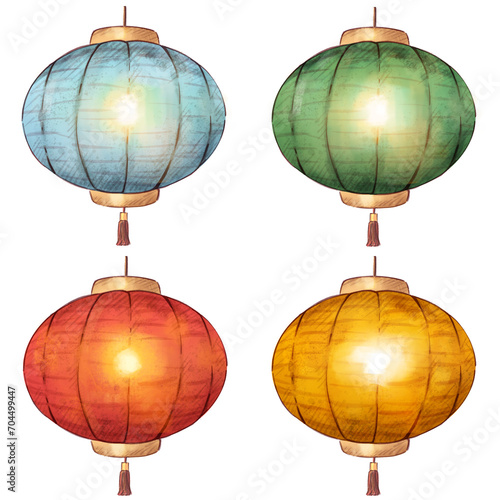 Watercolour paintings of Chinese lanterns are suitable for decorating during festivals: Blue, Green, Red and Yellow.