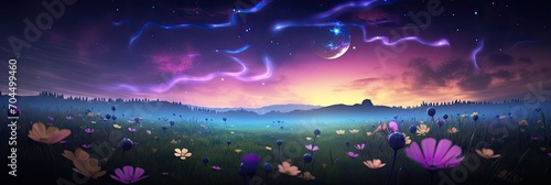 high angle, Epic Wide Shot from an enchantingly beautiful field of flowers with flying cute little fireflies photo