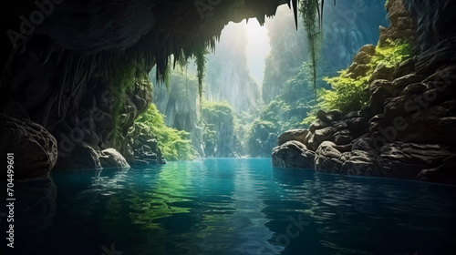Paradise landscape of a beautiful lake in a cavern with sun rays. Travel and vacations concept background