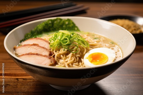 A bowl of ramen with boiled egg, green onions, and slices of pork