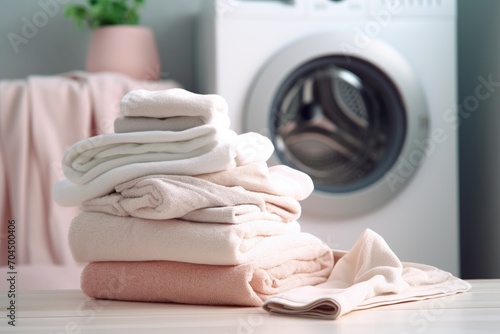 A stack of neatly folded clothes, on top of washing machine, in a luxurious bathroom, 