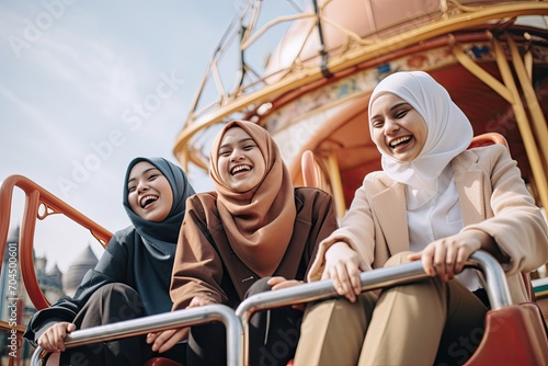 A young and energic three hijabi model influencer having fun with their friends at the amusement park
