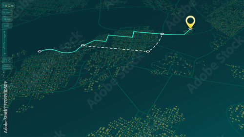 Main road throughout map. Simple scheme of isometric city. Navigation to poi. Location tracks dashboard. Generic city map with signs of streets, roads, house. Vector illustration, map background