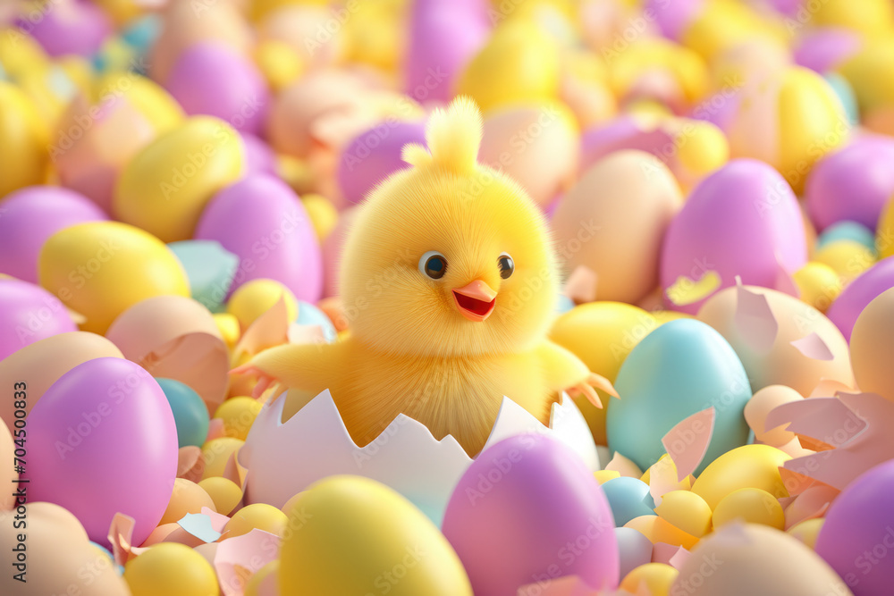 A chick hatches amidst colorful Easter eggs A chick hatches amidst colorful Easter eggs