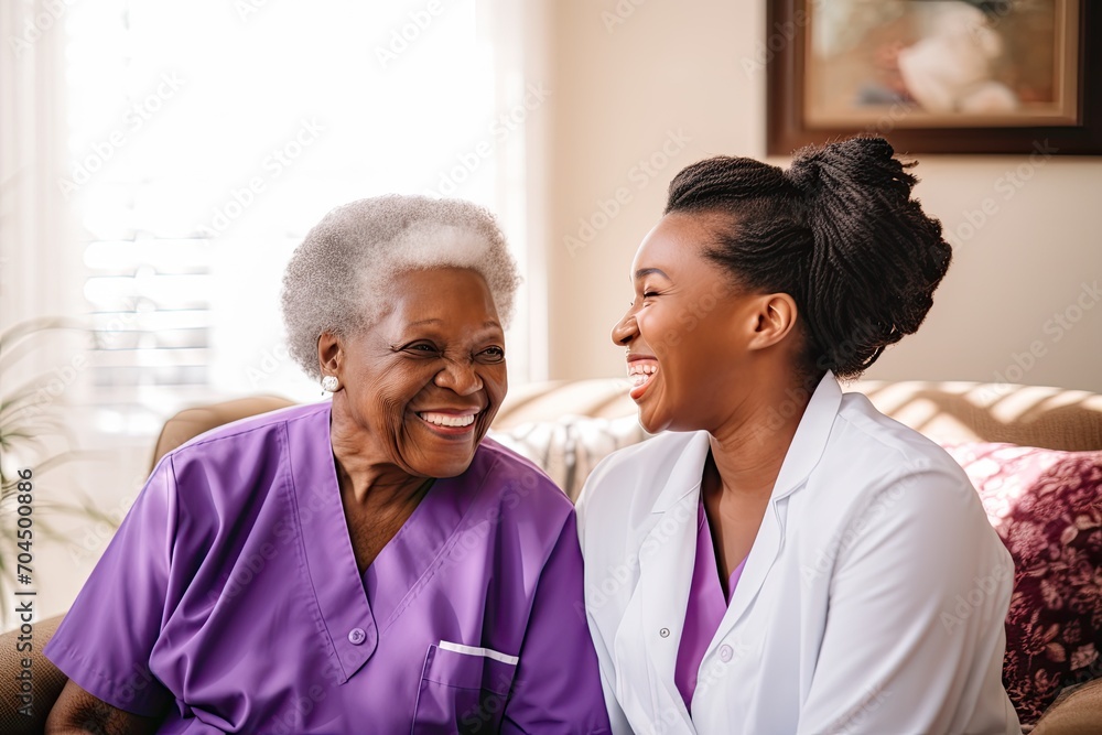 Fototapeta premium Daughter and mother talking and sit on sofa at home