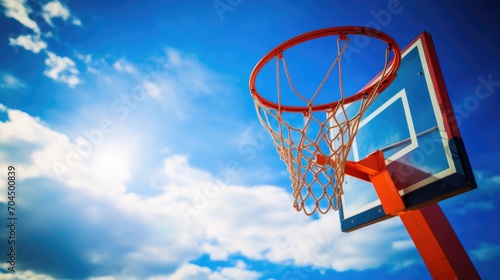 Basketball being shot towards hoop against blue sky. © sambath