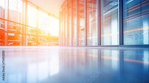 Business building blur background office lobby hall interior empty indoor room with blurry light from glass wall window