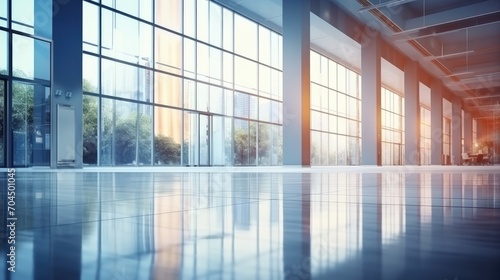 Business building blur background office lobby hall interior empty indoor room with blurry light from glass wall window 