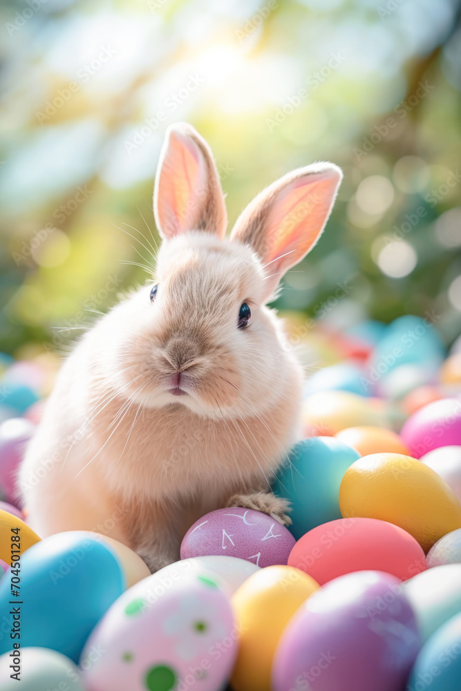 Easter bunny and eggs on pastel blue background, easter greeting card Easter bunny and eggs on pastel blue background, easter greeting card