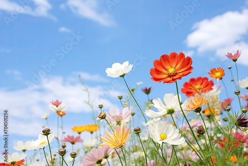 Colorful flowers and blue sky and white clouds, Side view, long exposure photography, realistic, © sambath
