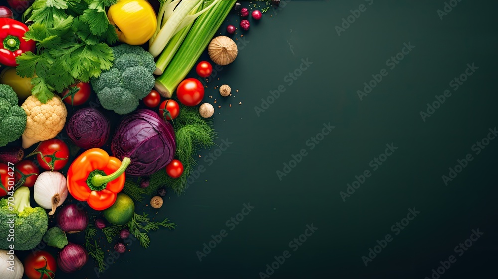 Create a realistic photo of vegetables on a colorful background with clear space for the title,