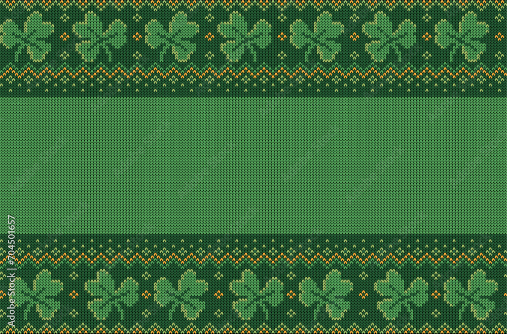 Green banner with knit texture and tree leaves lucky clover. St. Patrick's Day vector illustration. Green banner with knit texture and tree leaves lucky clover. St. Patrick's Day vector illustration.