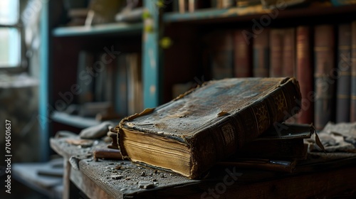 Dusty Pages: Close-Up View of an Abandoned Book in an Ancient Library