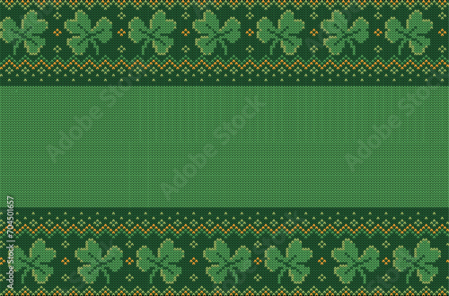 Green banner with knit texture and tree leaves lucky clover. St. Patrick's Day vector illustration.