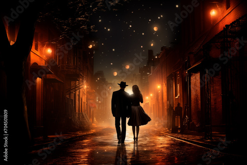  silhouette of a couple in love walking at night