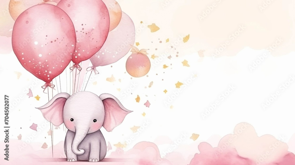Naklejka premium copy space, birth card in watercolor style, pastel pink colors and golden glitters, sweet elephant holding balloons with his trunk. Cute birth announcement card. Template voor birth cards, cute baby