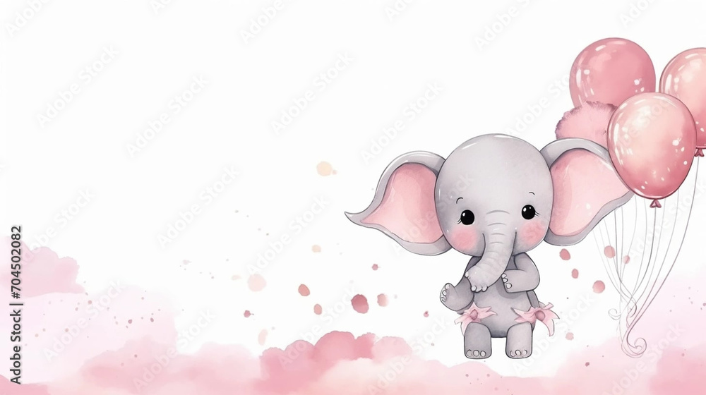 copy space, birth card in watercolor style, pastel pink colors and golden glitters, sweet elephant holding balloons with his trunk. Cute birth announcement card. Template voor birth cards, cute baby copy space, birth card in watercolor style, pastel pink colors and golden glitters, sweet elephant holding balloons with his trunk. Cute birth announcement card. Template voor birth cards, cute baby