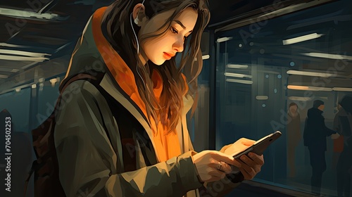 Young woman is looking at her phone on a subway, in the style of dark emerald and orange, drugcore, unpolished, busy landscapes, photo