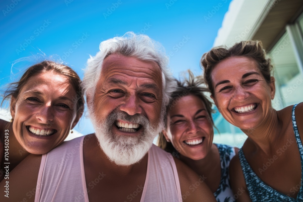 Portrait of happy group of family or friends, senior men and women, enjoying the sun in the swimming pool 