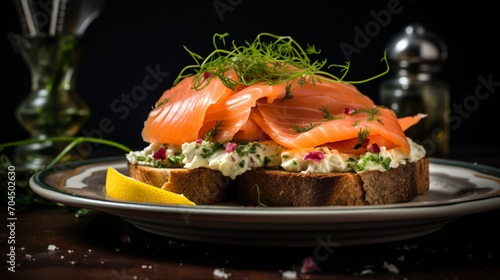 Smoked salmon sandwich with cream cheese on wooed