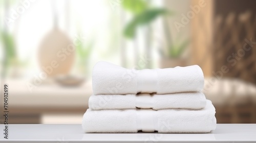 Roll up of white towels on white table with copy space on blurred living room background 