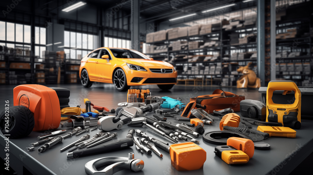 Car repair shop with spare parts and tools in the foreground and yellow vehicle in the background. car in the workshop