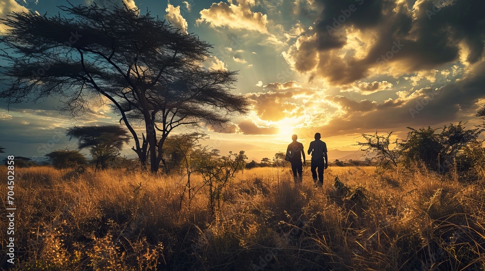 Silhouetted Couple Walking Hand in Hand Amidst Golden Grass at Sunset