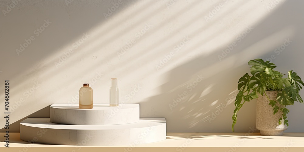 Step up display for packaging and cosmetics, shadow cast on wall. Product showcased with white concrete and stone textures on natural beauty pedestal in sunlight. Realistic rendering. Step up display for packaging and cosmetics, shadow cast on wall. Product showcased with white concrete and stone textures on natural beauty pedestal in sunlight. Realistic rendering.